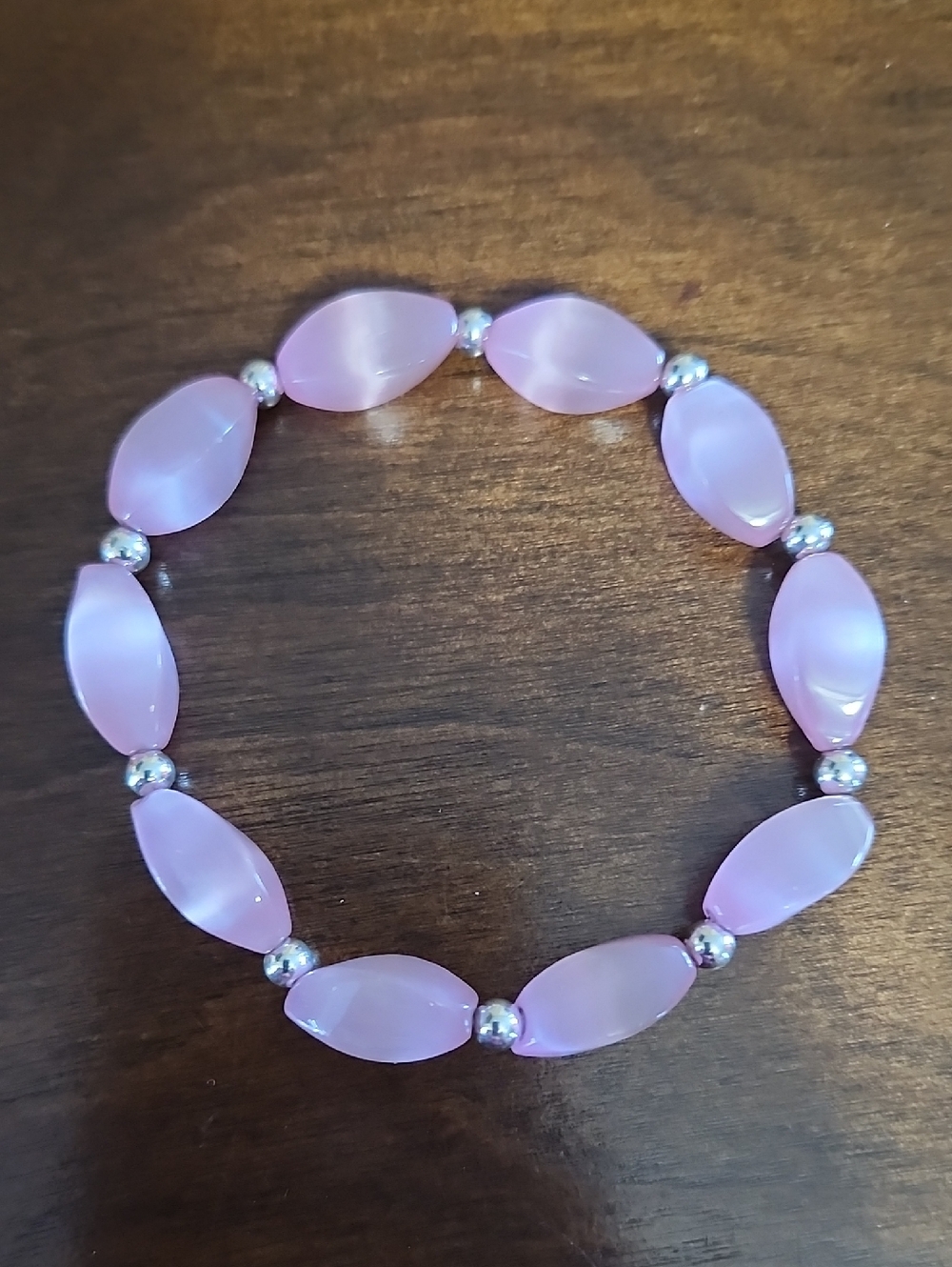 Handmade Pink Cat's Eye and Silver Hematite Beaded Bracelet